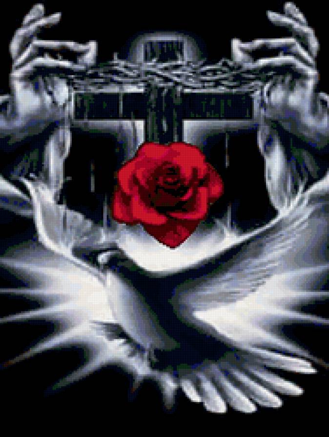 Крест, роза, голубь - фэнтези, готика - предпросмотр