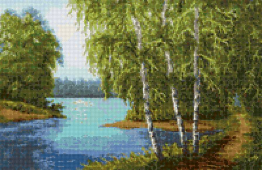 Пейзаж - лето, река, березы, лес, берег, пейзаж, озеро, природа - предпросмотр