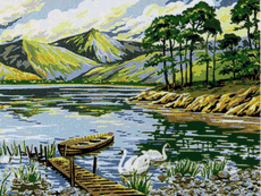 Пейзаж - пейзаж, озеро, горы, лес, природа, лебеди - предпросмотр