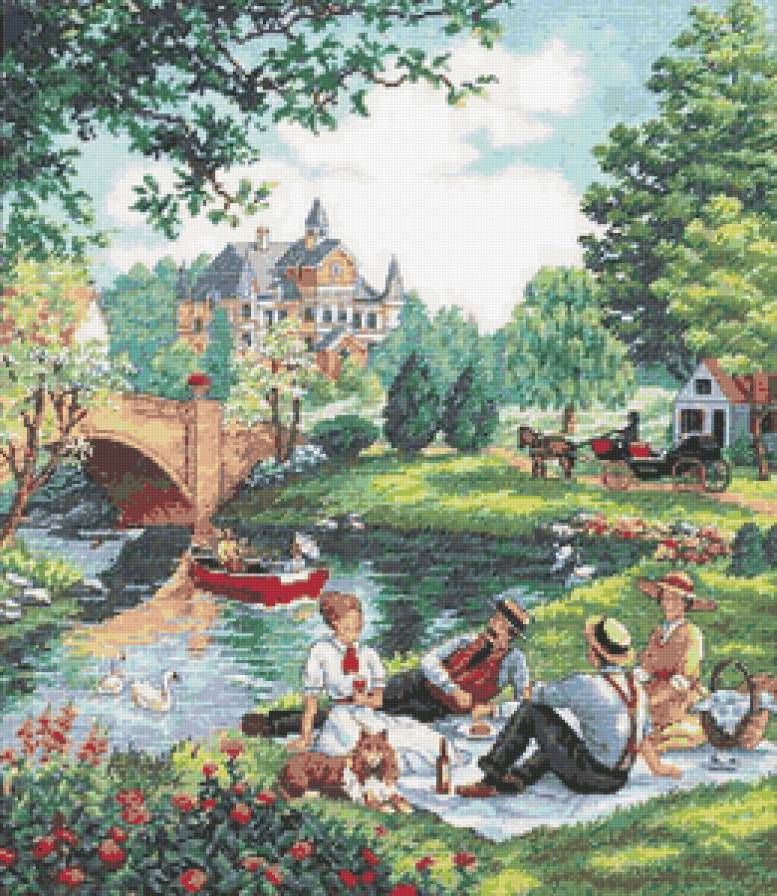 Пикник у озера - природа, озеро, пейзаж, люди, замок, пикник - предпросмотр