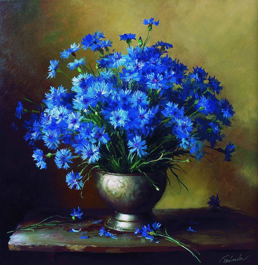 васильки в вазе - васильки, цветы, ваза, картина художника - оригинал