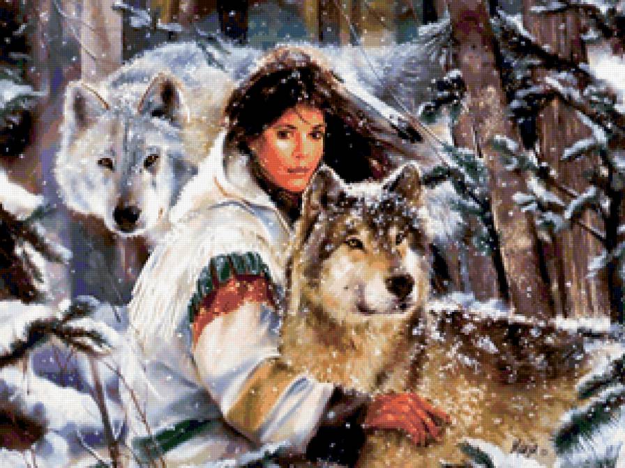 девушка с волками №1 - индейцы, в лесу, девушка и дикие волки - предпросмотр