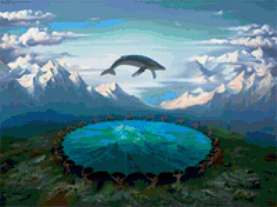 Дали - голубое, вода, фэнтези, небо, рыба, люди, горы, мифы - предпросмотр