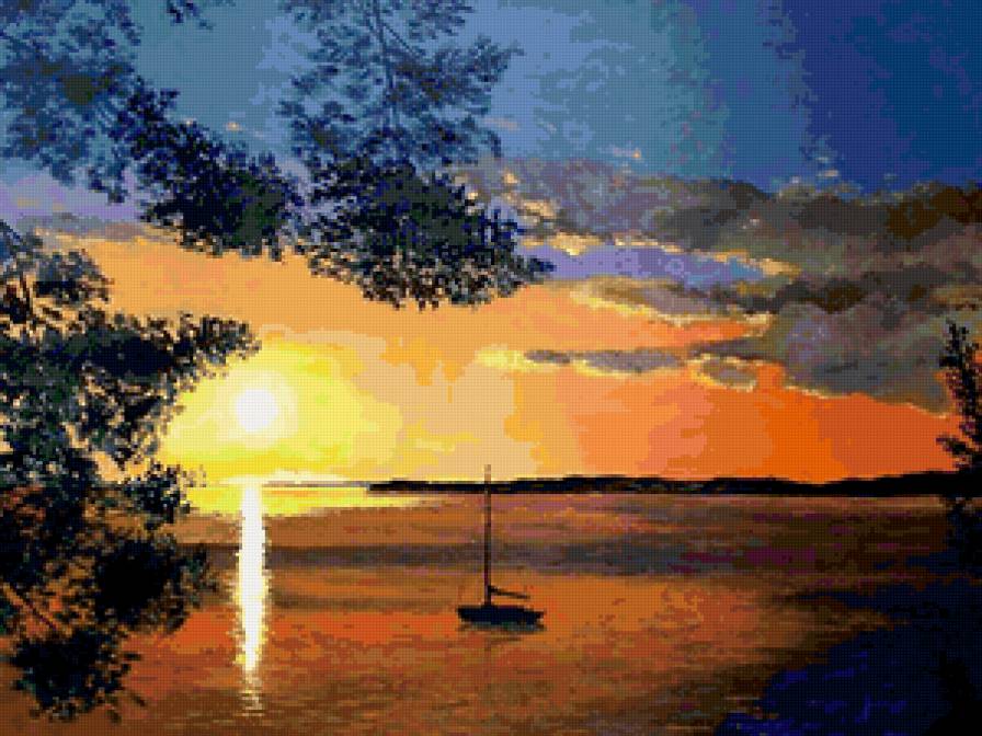 живопись - закат, лодка, море - предпросмотр