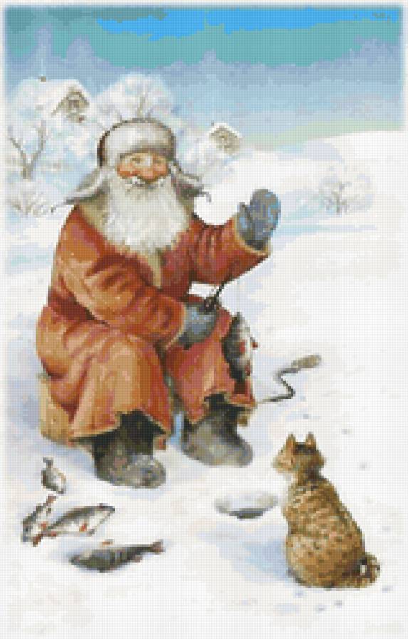 На рыбалке - пейзаж, мужчина, кот, животные, живопись - предпросмотр