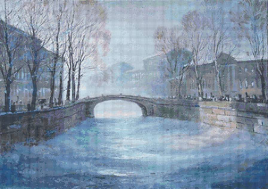 №49771 - дома, река, зима, город, живопись, пейзаж - предпросмотр