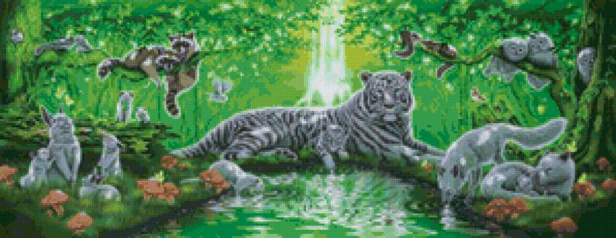 Таёжные звери - еноты, птицы, тигры, река, совы, животные, пейзаж - предпросмотр