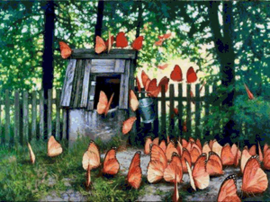 Волшебный колодец - колодец, сказка, бабочки, картина, фэнтэзи - предпросмотр