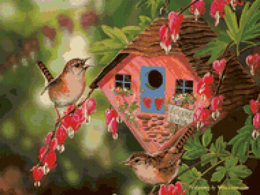 0015 - картина, лето, красота, птицы, домик, живопись, цветы, природа - предпросмотр