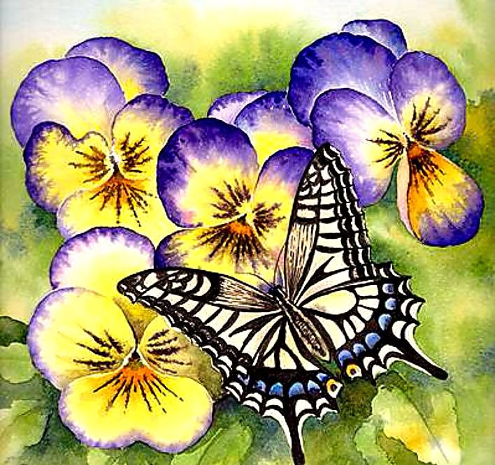 анютины глазки - бабочка, цветы - оригинал