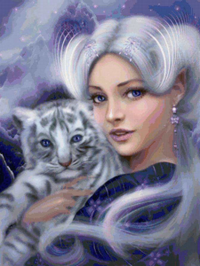 женский образ - картина, девушки, кошки, портрет, фентези, животные - предпросмотр