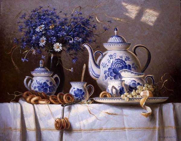 гжель - цветы, натюрморт, кухня - оригинал