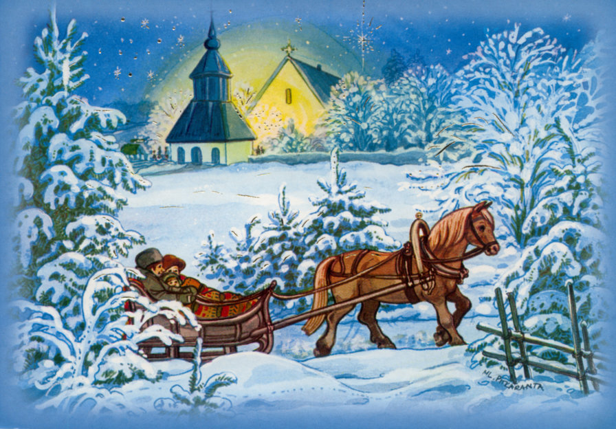 картина - пейзаж, упряжка, природа, зима, лошади - оригинал