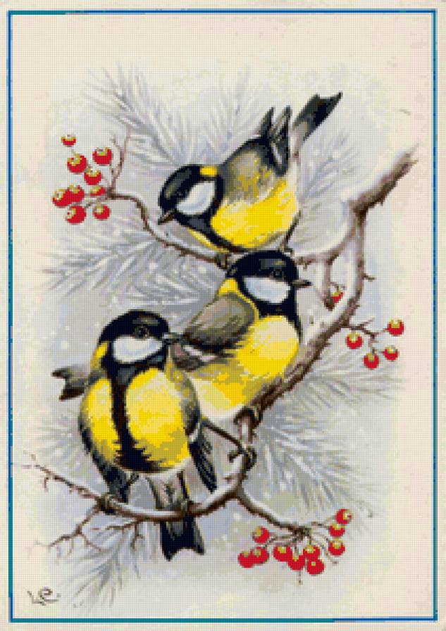 синички - птицы, зима, открытки, картина - предпросмотр