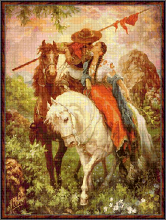 любовь - мексиканцы, картина, лошади, пары, мексика, поцелуй, романтика, двое - предпросмотр