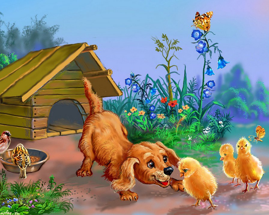 Первое знакомство - детям, животные, собака, мультики, щенок, цыплята - оригинал