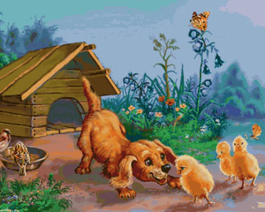 Первое знакомство - цыплята, мультики, животные, щенок, детям, собака - предпросмотр