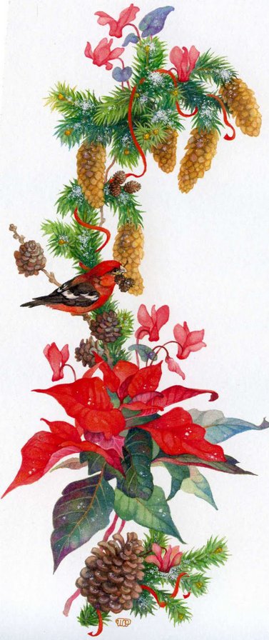 Цветочное панно - цветы, рождество, зима, шишки, птицы, природа, снегирь - оригинал