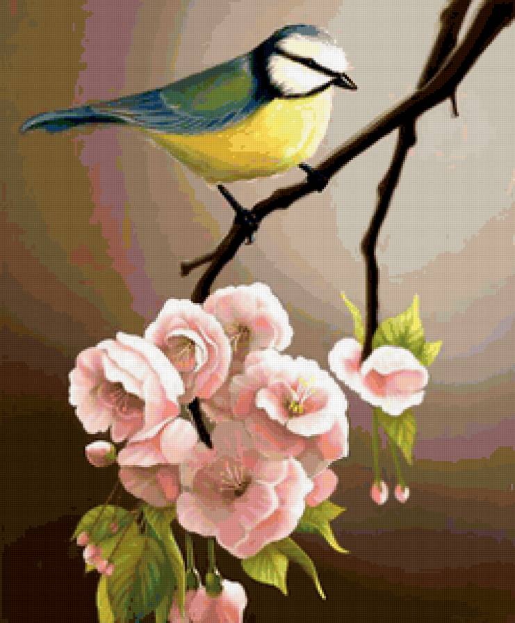 Синица - картина, цветы, птицы, животные, природа - предпросмотр