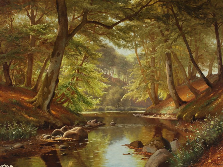 Ручей в лесу - ручей, лес, природа, пейзаж, лето, картина - оригинал
