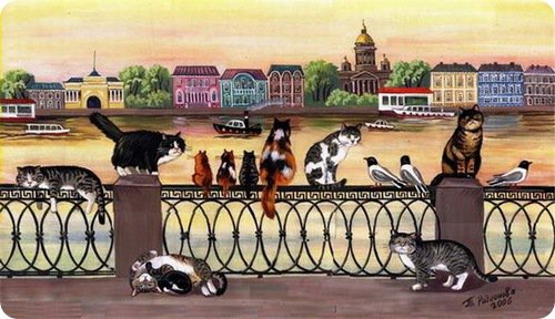 кошки - дома, коты, живопись, кошки, город, животные - оригинал