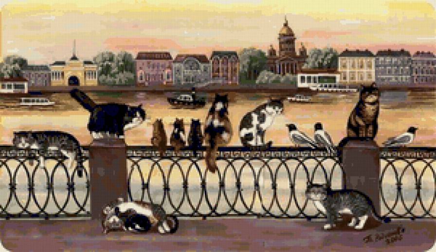 кошки - кошки, живопись, дома, город, коты, животные - предпросмотр