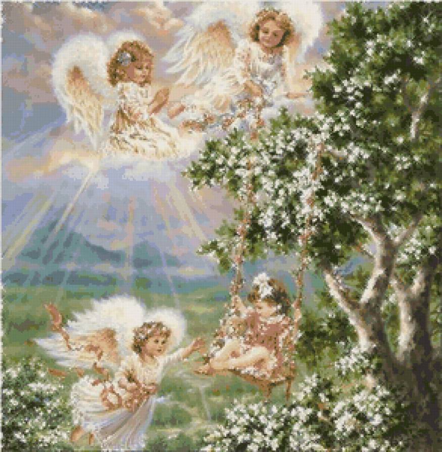 райский сад - ангелы, цветы, сады, дети, живопись - предпросмотр