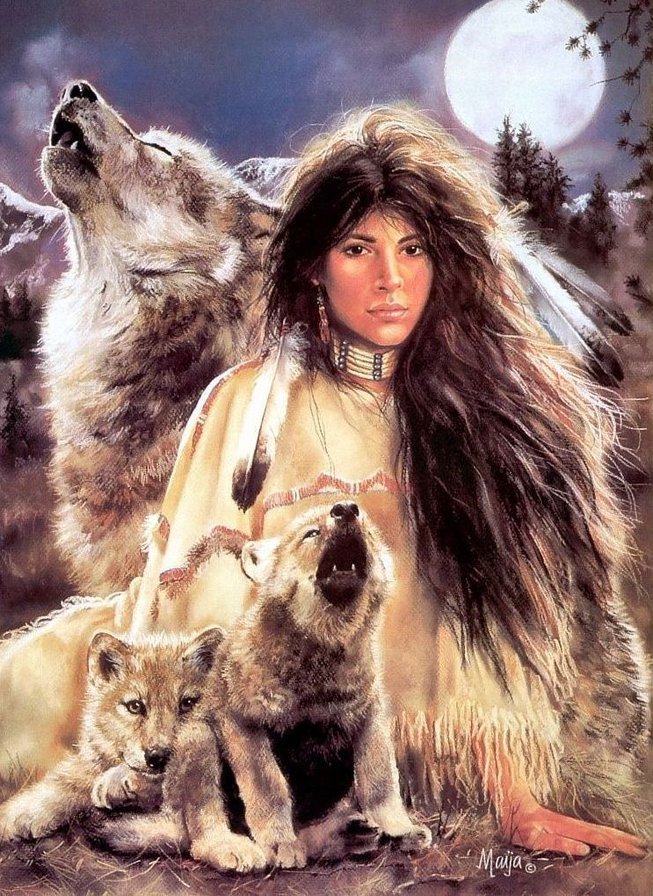 женский образ - волки, хищники, картина, индейка, индейки, девушки, индейцы, женщины - оригинал