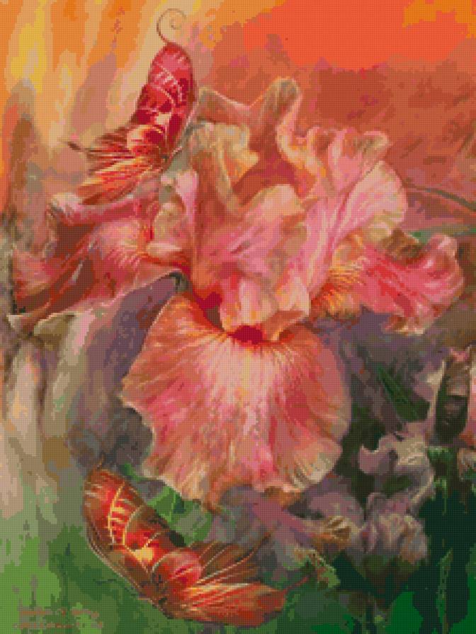 Ирисы - бабочки, ирисы, цветы, живопись - предпросмотр