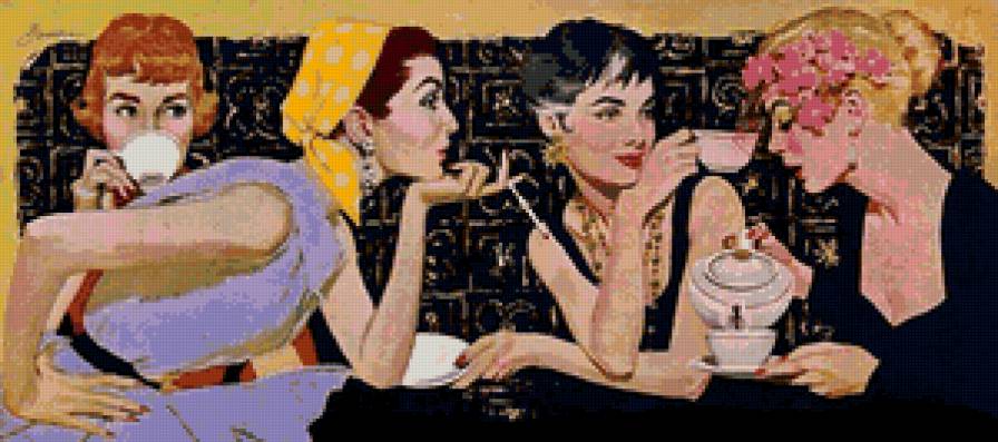 чаепитие - женский образ, подруги, картина, женщины, девушки - предпросмотр
