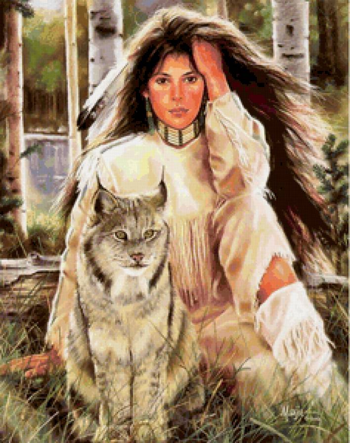 индейка - картина, женский оюраз, индейцы, девушка, девушки, рысь, женщина - предпросмотр