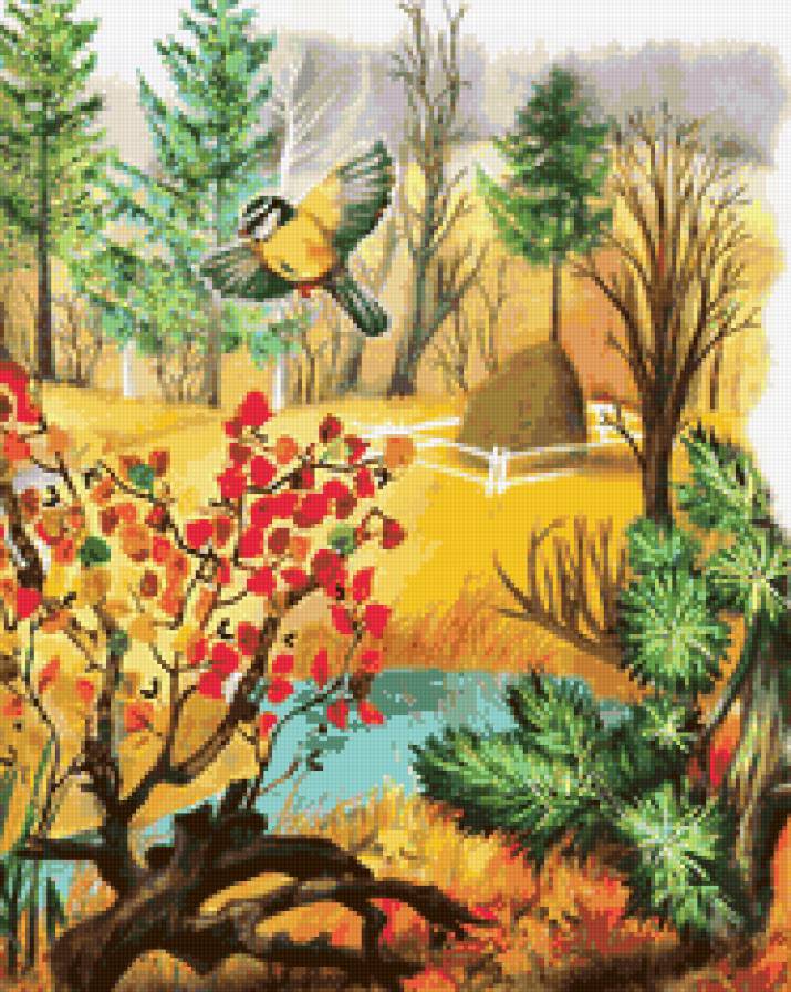 Осень в лесу - синичка, пейзаж, осень, ягоды, птицы, иллюстрации, природа - предпросмотр