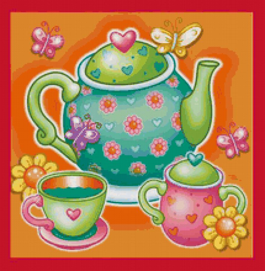 Чайпитие - открытка, чайник, чашки - предпросмотр