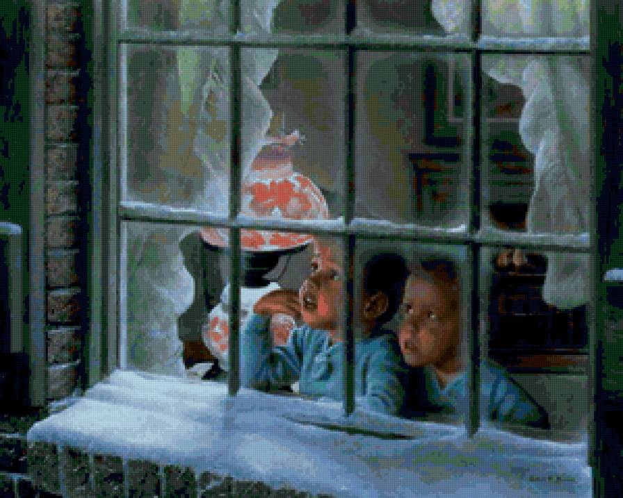 №60881 - снег, окно, зима, живопись, дети, мальчики - предпросмотр