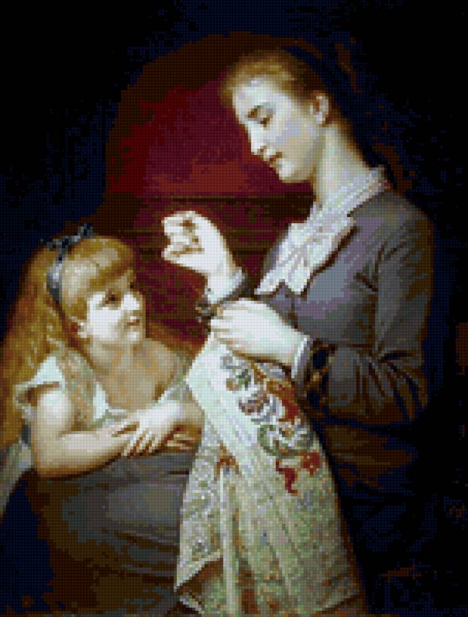 Разговор за пяльцами - семья, девочка, мама, рукоделие - предпросмотр