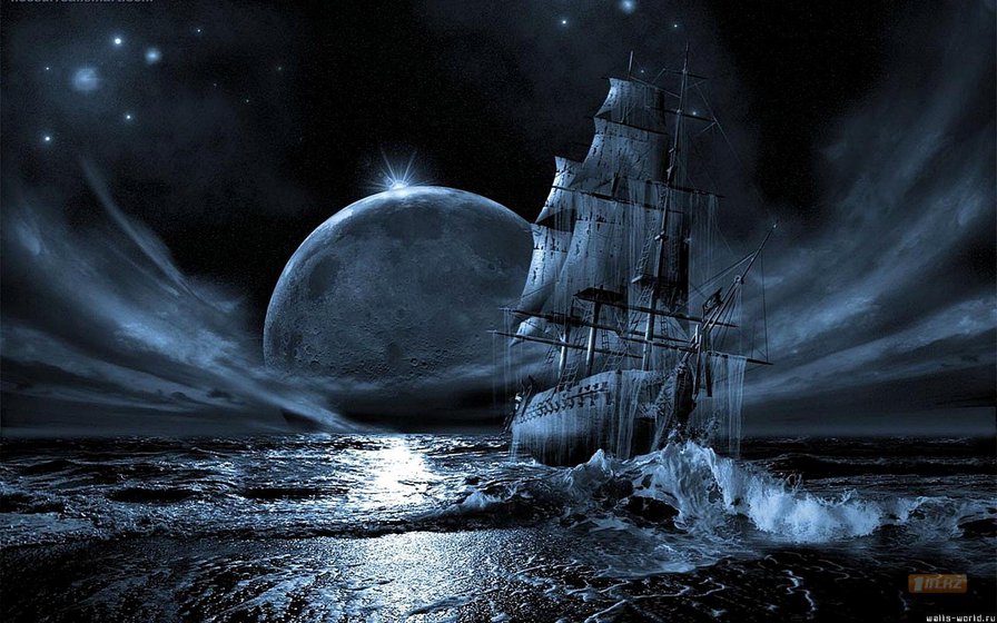конец пути - фэнтези, корабль, парусник, море, луна - оригинал