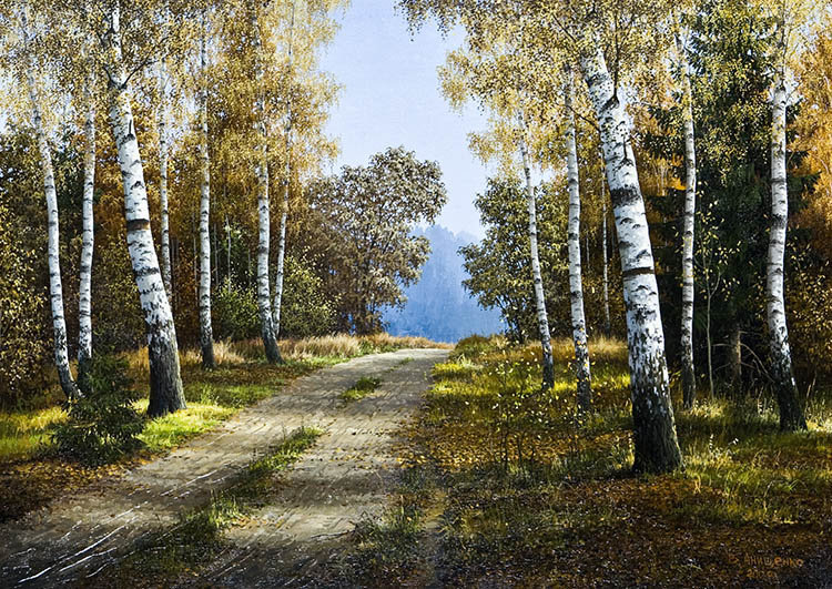 осенью в березовой роще - лесная дорожка, природа, березовая роща, осень, пейзаж - оригинал