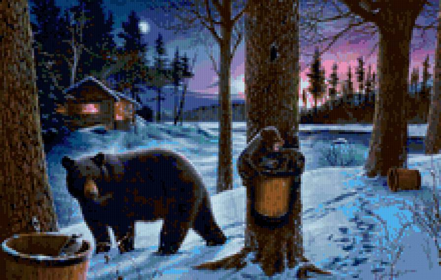 Зимняя ночь - животные, зима, живопись - предпросмотр