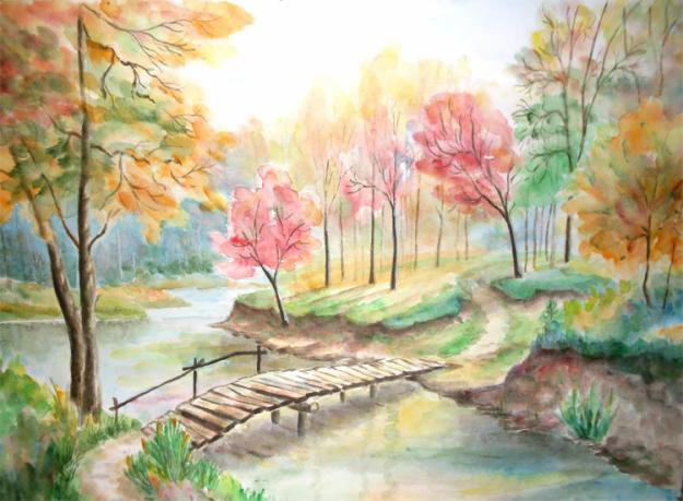 утро - мост, осень, утро, речка, лес, мостик - оригинал