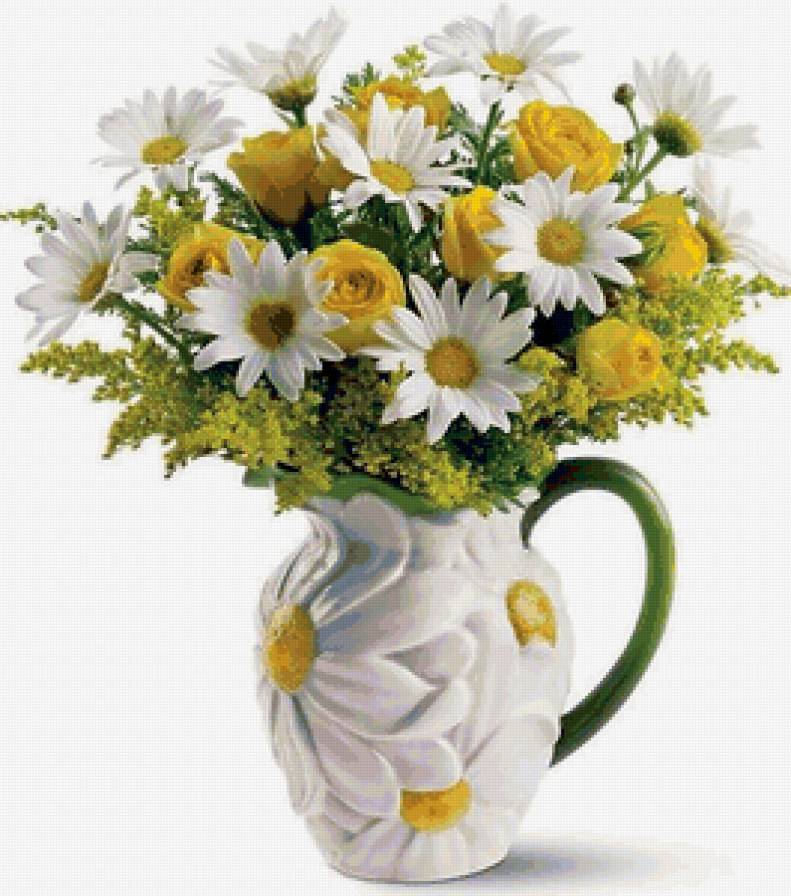 Ромашки, розы и мимоза - натюрморт, цветы, ваза, букет, картина - предпросмотр