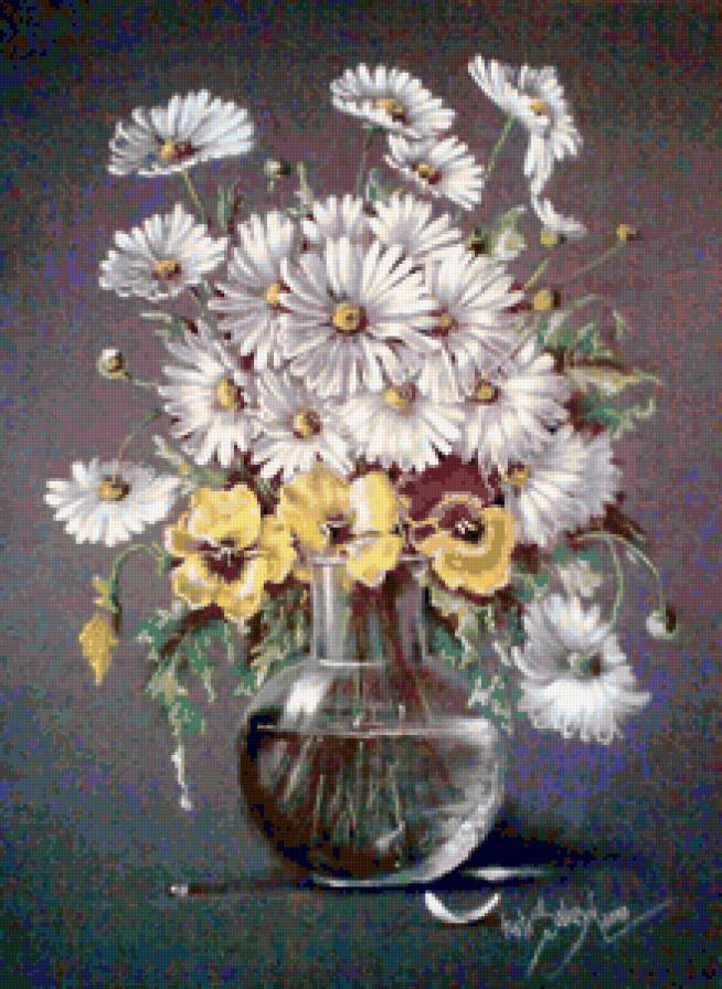 Ромашки и Анютки - анютки, букет, анютины глазки, цветы, ретро, ромашки, виола - предпросмотр