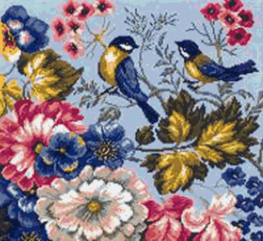 Подушка "Синички" - синички, подушка, пушистые птички, синичка, птичка, цветы - предпросмотр