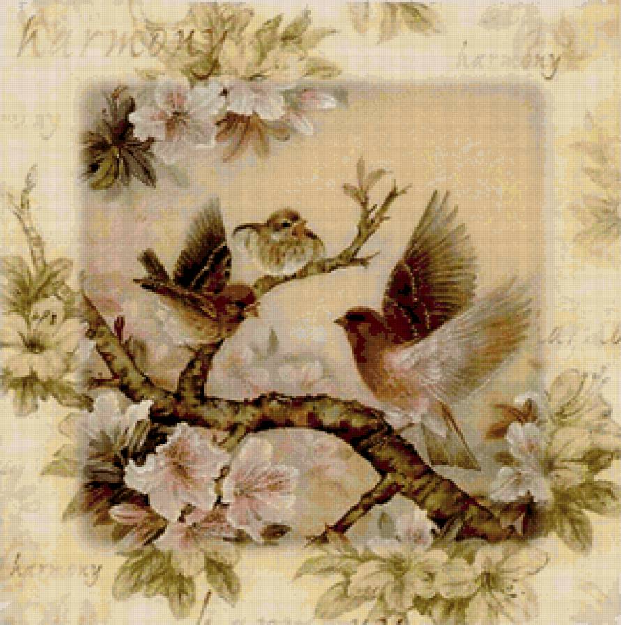 №66519 - птицы, цветы, пейзаж, рисунок, подушка - предпросмотр