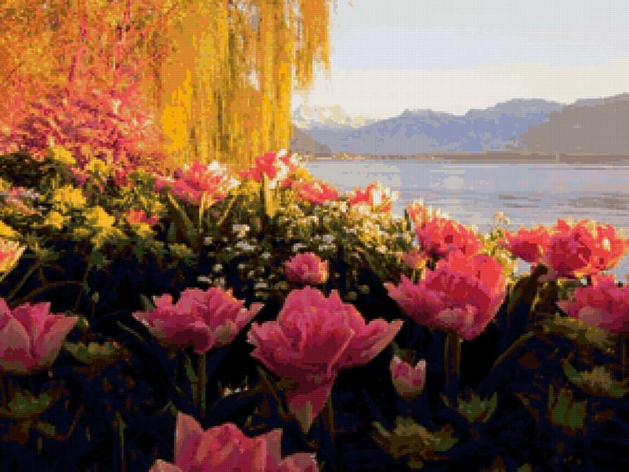 озера швейцарии - озеро, цветы - предпросмотр