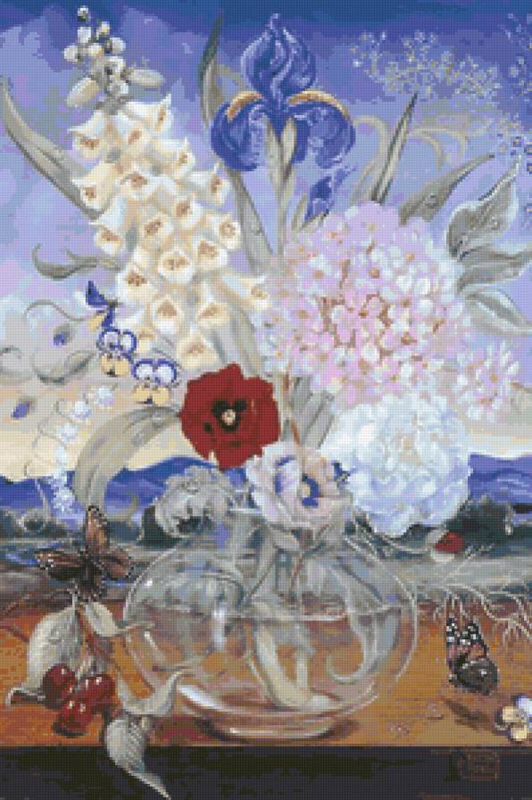 №66786 - натюрморт, букет, ягоды, живопись, бабочки, цветы - предпросмотр