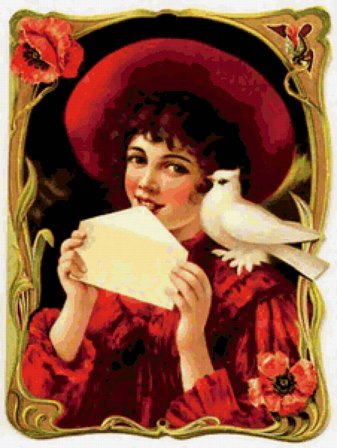 Ретро-открытки - живопись, девушка, голубь - предпросмотр