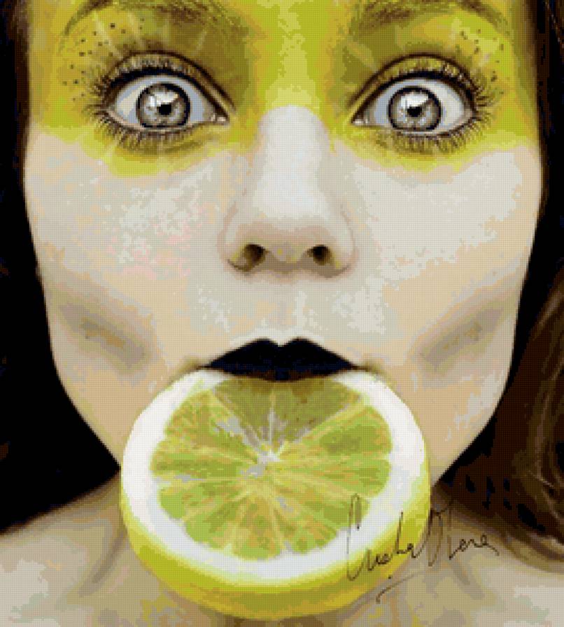 №67512 - девушка, желтый, картина, подушка, фрукты - предпросмотр