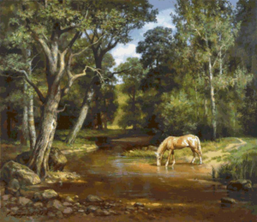 Лесная речка - картина, лес, пейзаж, природа, река - предпросмотр