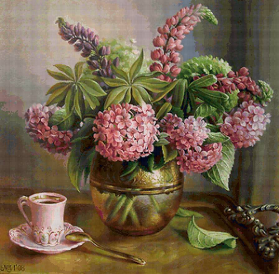 Натюрморт - чай, ваза, цветы, букет - предпросмотр