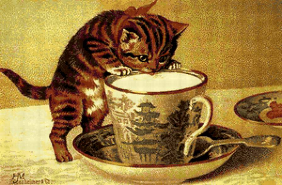 утреннее молоко - котенок, животные, котята, натюрморт, живопись, коты, кошки - предпросмотр